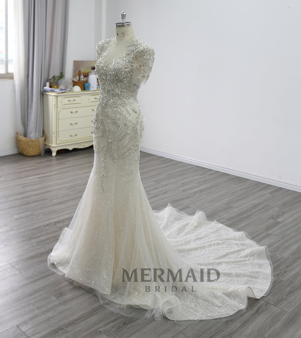 Short Sleeves Beaded Bodice Mermaid Wedding Dress