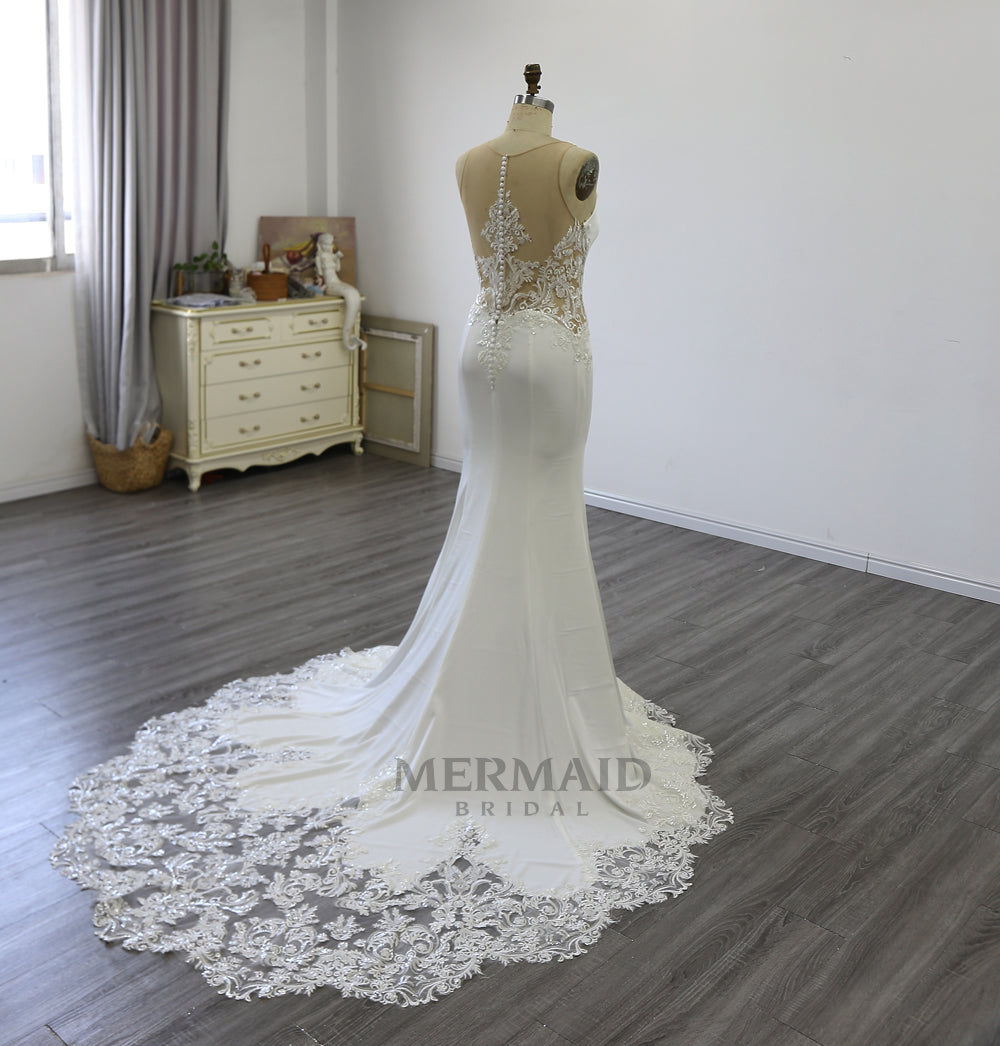 New Backless Crepe Lace Mermaid Wedding Dress