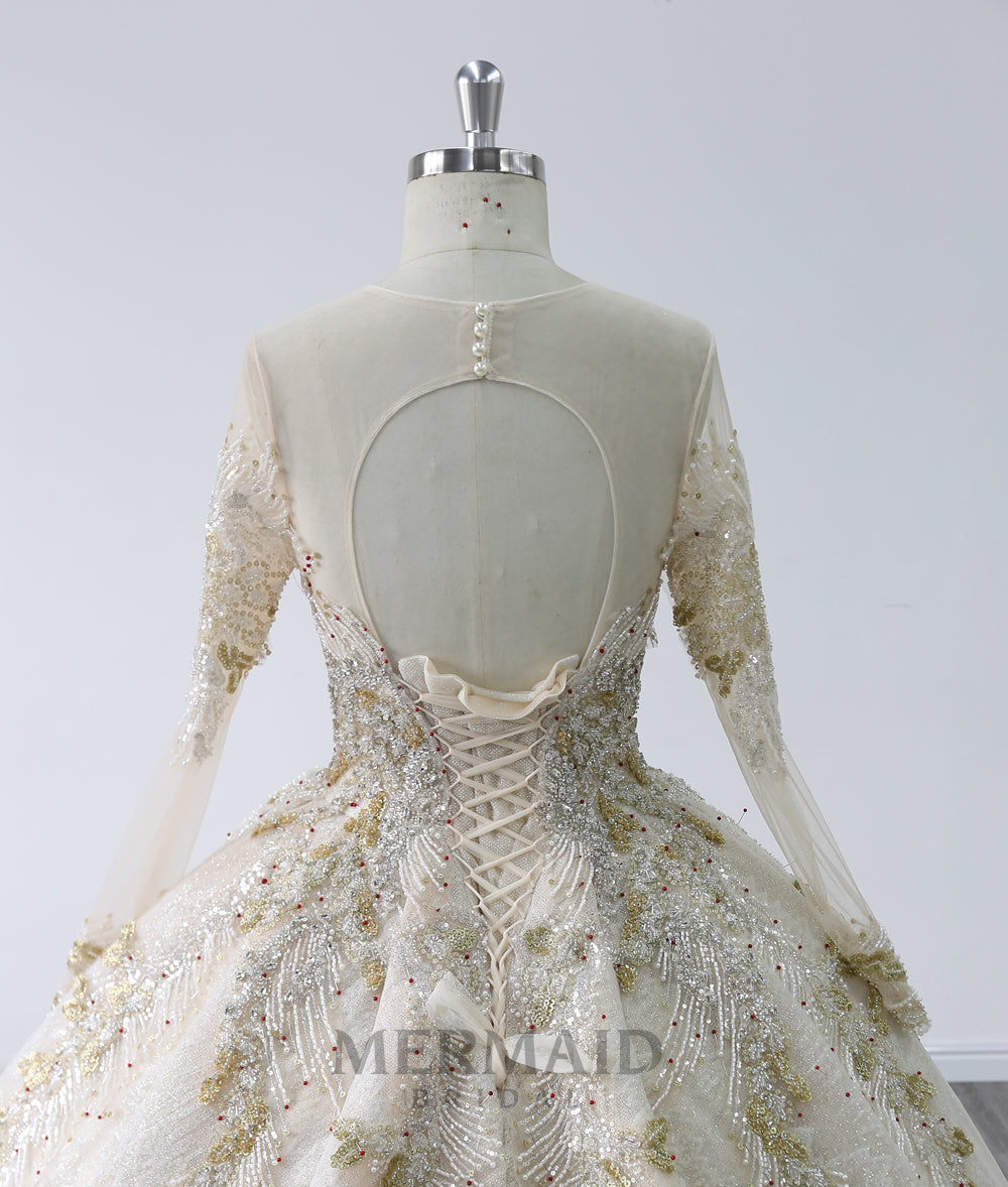 Ball Gown Long Sleeves V Neck Cathedral Train Heavy Beading Gold Wedding Dresses Bridal dress