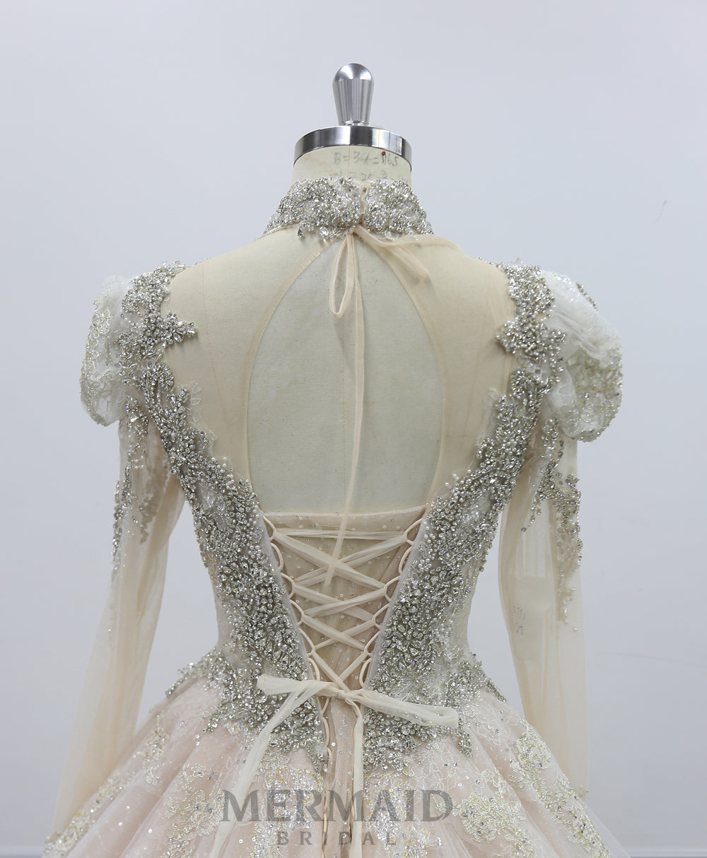 Newest Ball Gown Long Sleeve Dress High Neck Cathedral Train Heavy Beading Gold Wedding Dresses wedding gown