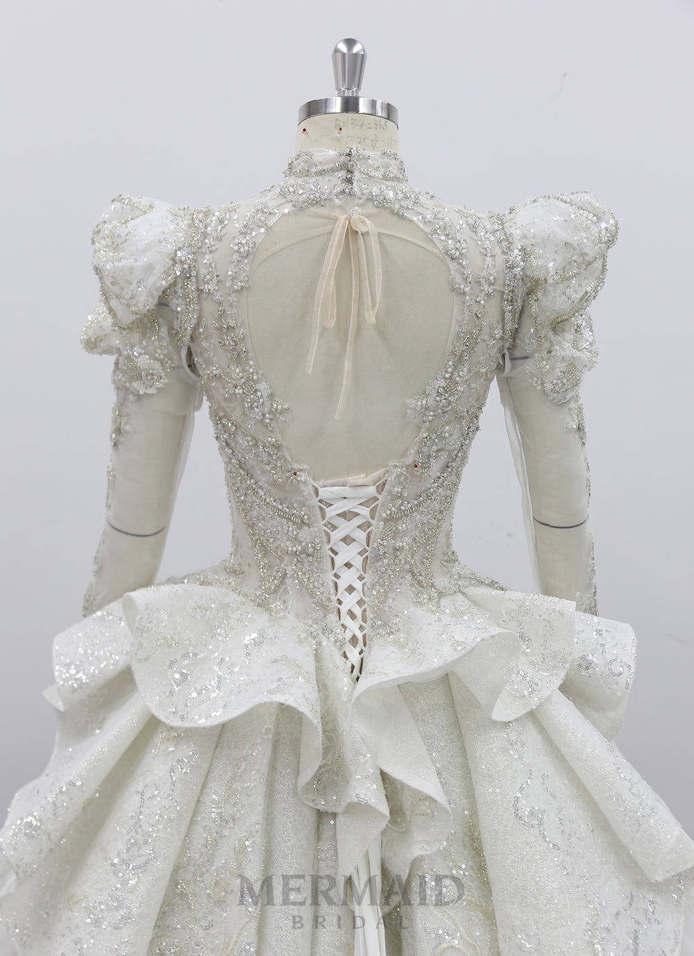 Ball Gown Puff Sleeve High Neck Cathedral Train Heavy Lace Beading Gold Wedding Dresses