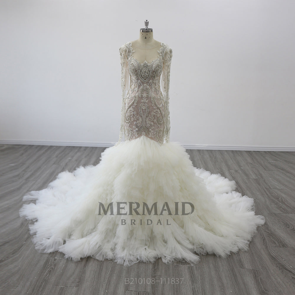 Long Sleeves Ruffles Beading Mermaid Wedding Dress