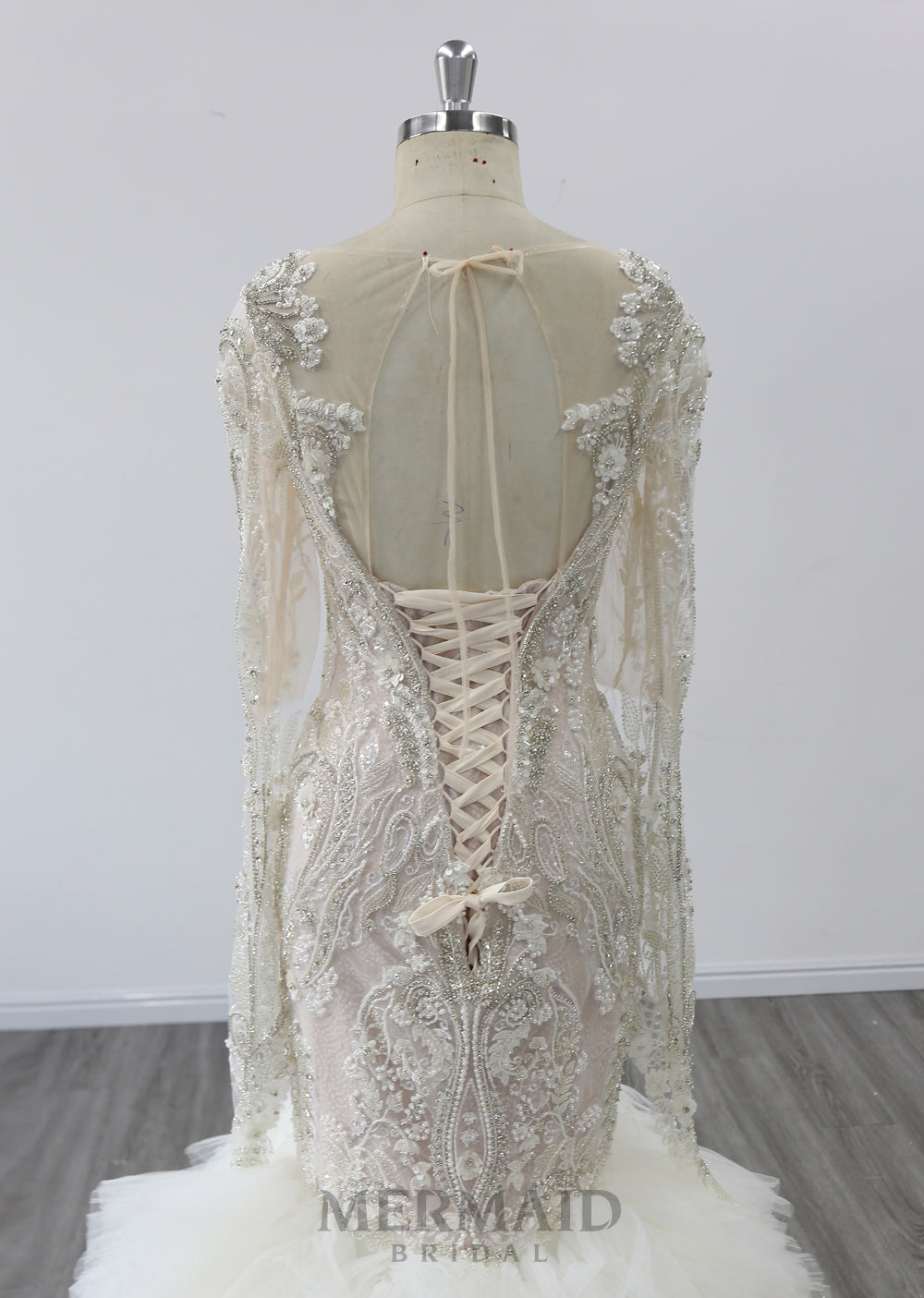 Long Sleeves Ruffles Beading Mermaid Wedding Dress