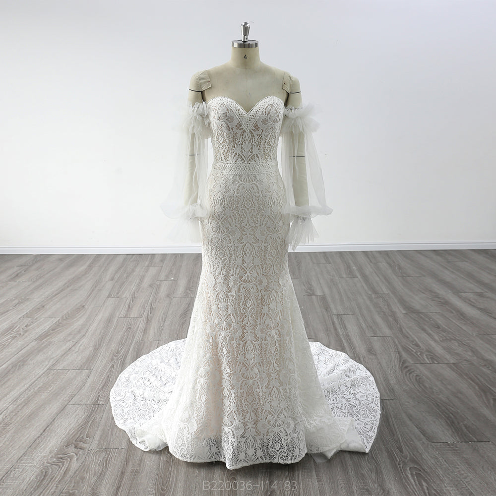 Long Sleeves Sweetheart Necking Beaded Mermaid Wedding Dress 2023 Ivory / 8 Long Sleeves Sweetheart Necking Beaded Mermaid Wedding Dress 2023 Ivory / 8