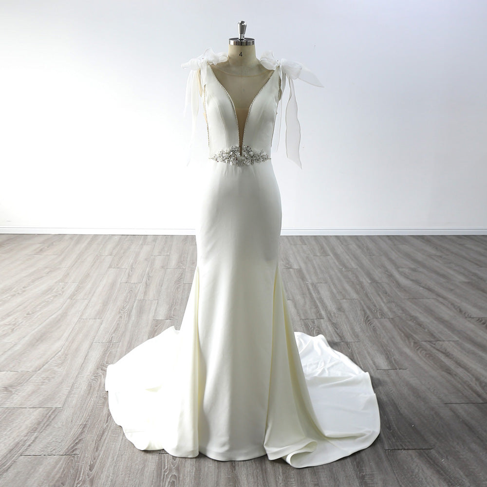 New Detachable Strap Bow Beaded Crepe Mermaid Wedding Dresses