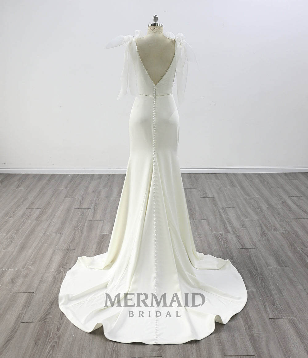 New Detachable Strap Bow Beaded Crepe Mermaid Wedding Dresses
