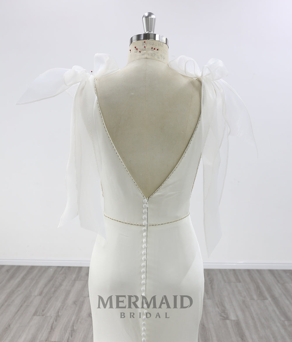 New Detachable Strap Bow Beaded Crepe Mermaid Wedding Dresses