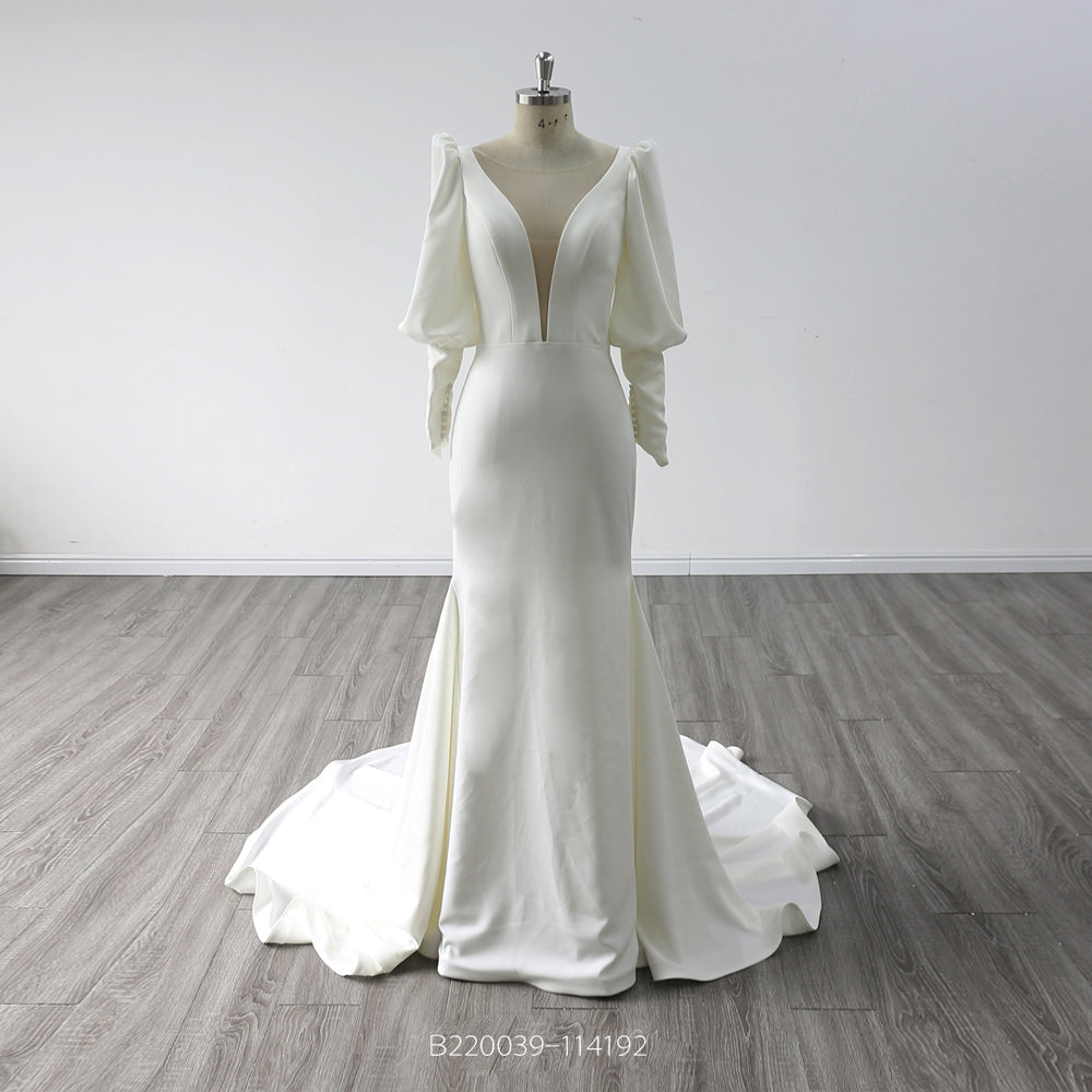 Backless Long Sleeves V Neck Crepe Mermaid Wedding Dress