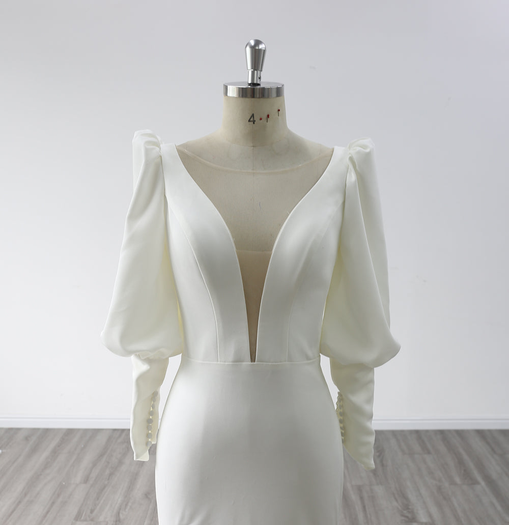 Backless Long Sleeves V Neck Crepe Mermaid Wedding Dress