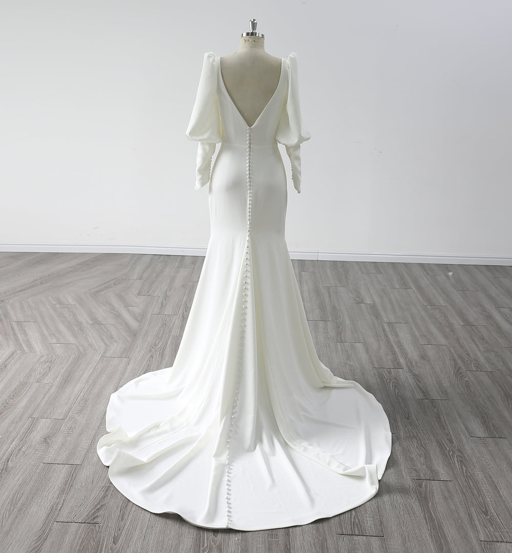 Backless Long Sleeves V Neck Crepe Mermaid Wedding Dress