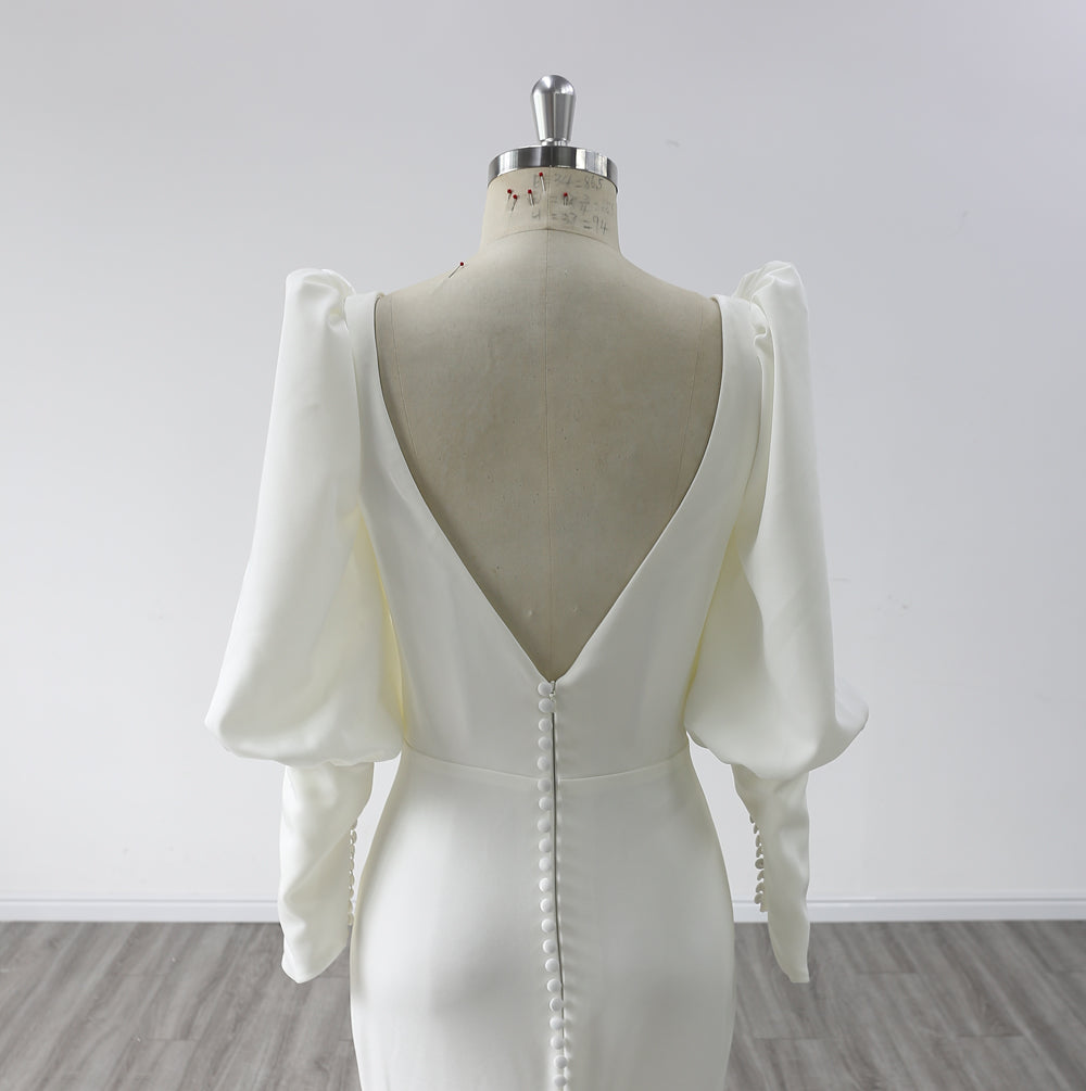 Backless Long Sleeves V Neck Crepe Mermaid Wedding Dress