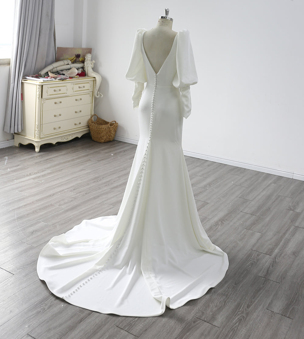 Backless Long Sleeves V Neck Crepe Mermaid Wedding Dress
