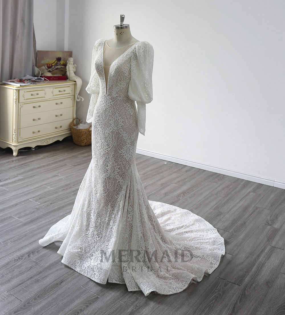 Lace Bridal Dress Mermaid Wedding Gown Long Sleeve Wedding Dress
