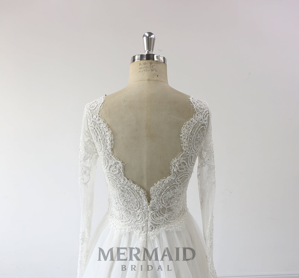 Long Sleeves Backless Beaded Bohemian Wedding Dress