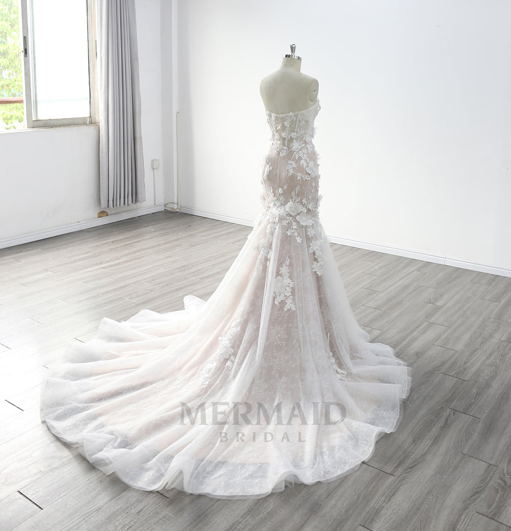 Sweetheart Court Train 3d Lace Mermaid Wedding Dress