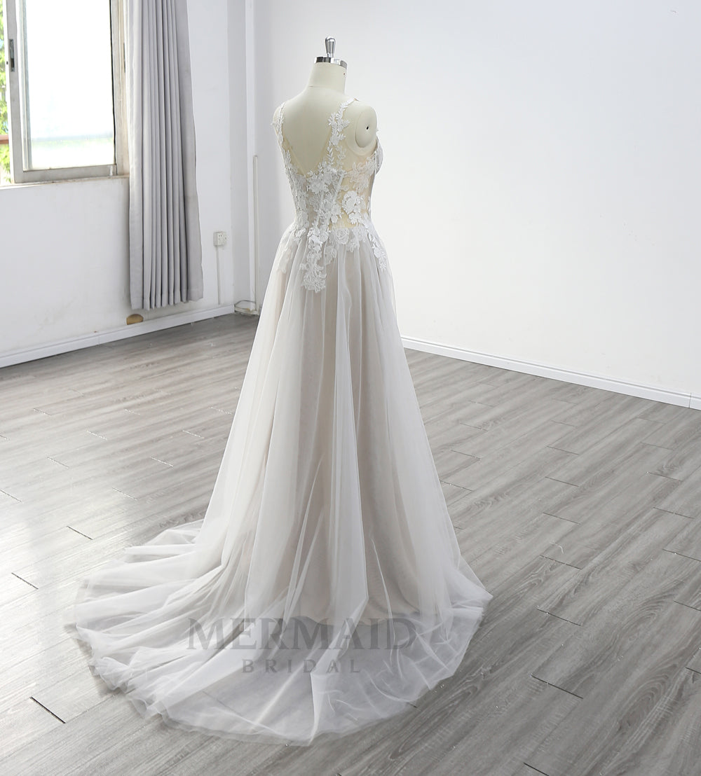 Sexy V Neck Floor Length Lace Outdoor Bohemian Wedding Dress