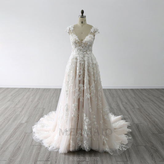 Keyhole Cap Sleeves V Neck Court Train Bridal Gown 3D Flowers A Line Wedding Dress