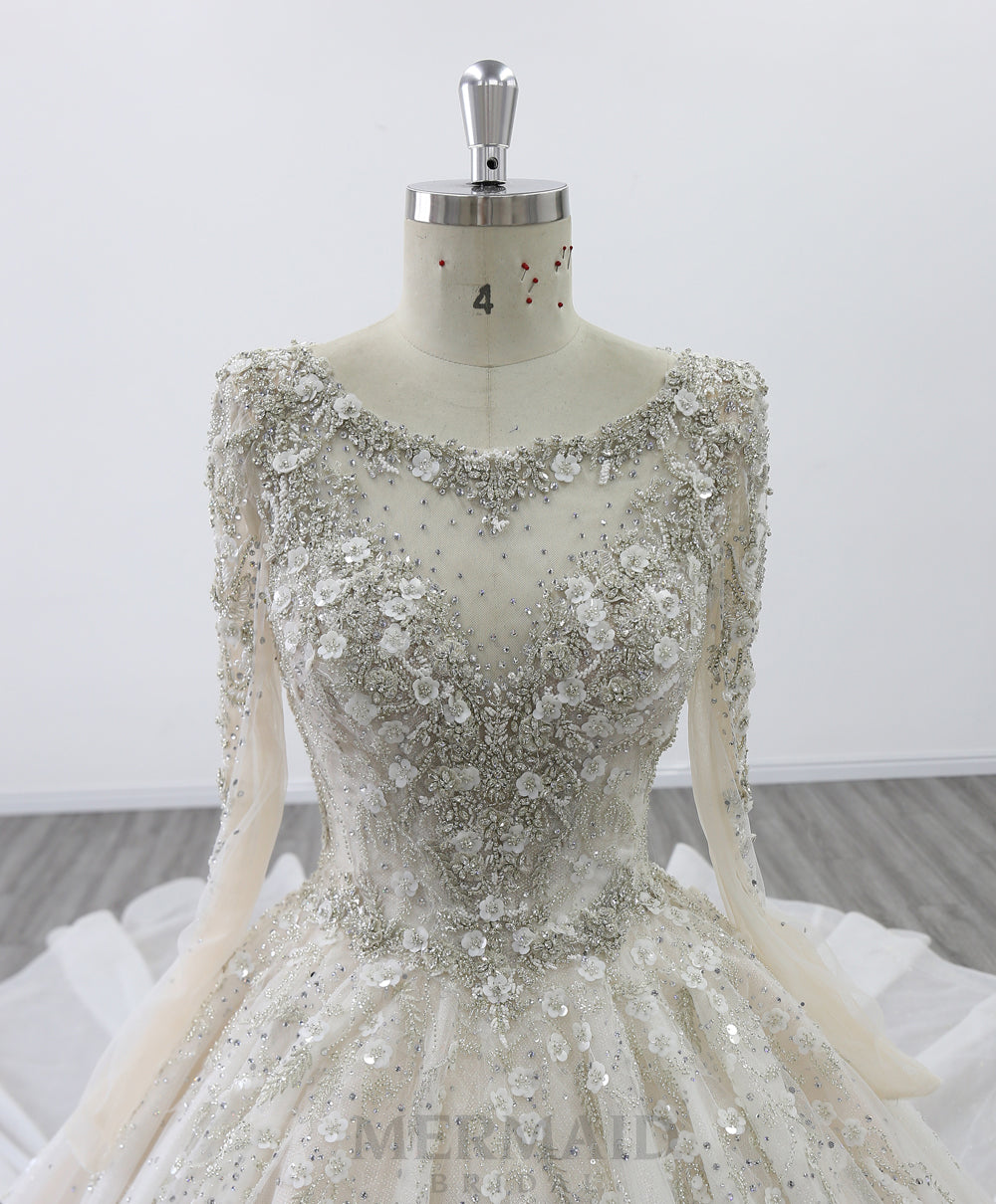 Ball Gown Long Sleeves Scoop Cathedral Train Heavy Beading Gold Wedding Dresses Bridal dress