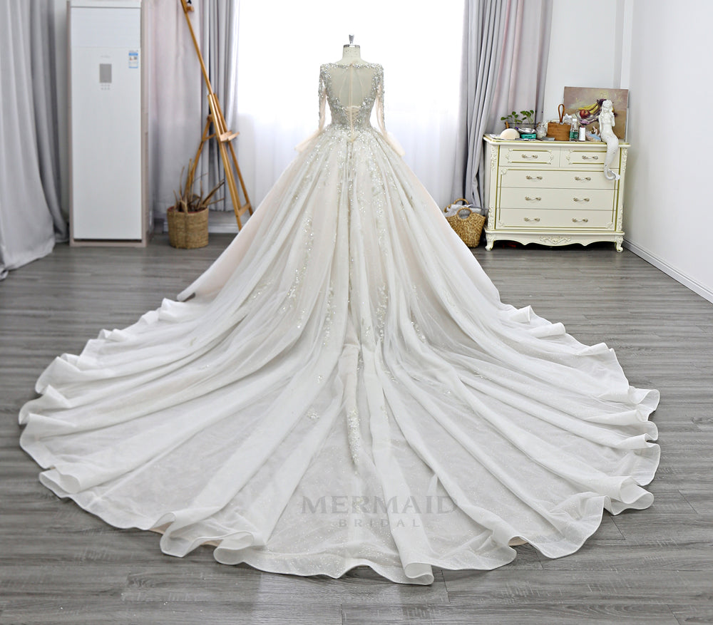 Ball Gown Long Sleeves Scoop Cathedral Train Heavy Beading Gold Wedding Dresses Bridal dress
