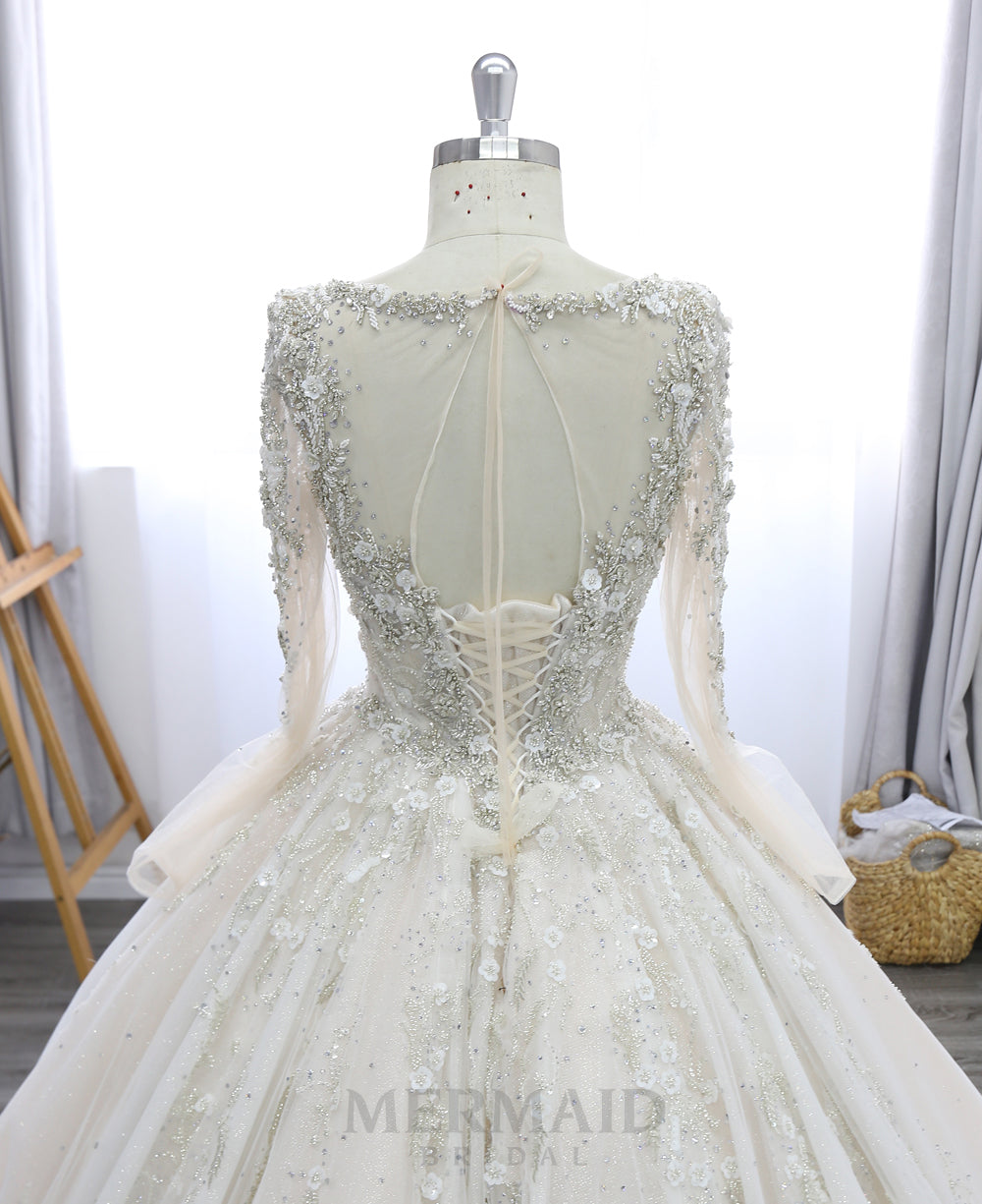 Ball Gown Long Sleeves Scoop Cathedral Train Heavy Beading Gold Wedding Dresses Bridal dress