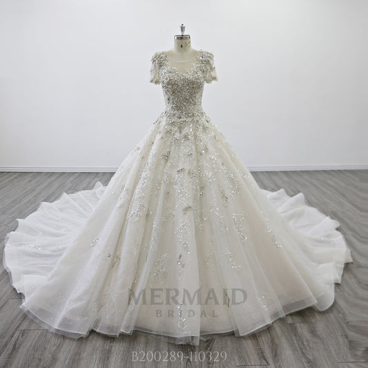 Short  Sleeves Heavy Beaded Royal Train Ball Gown Wedding Dress