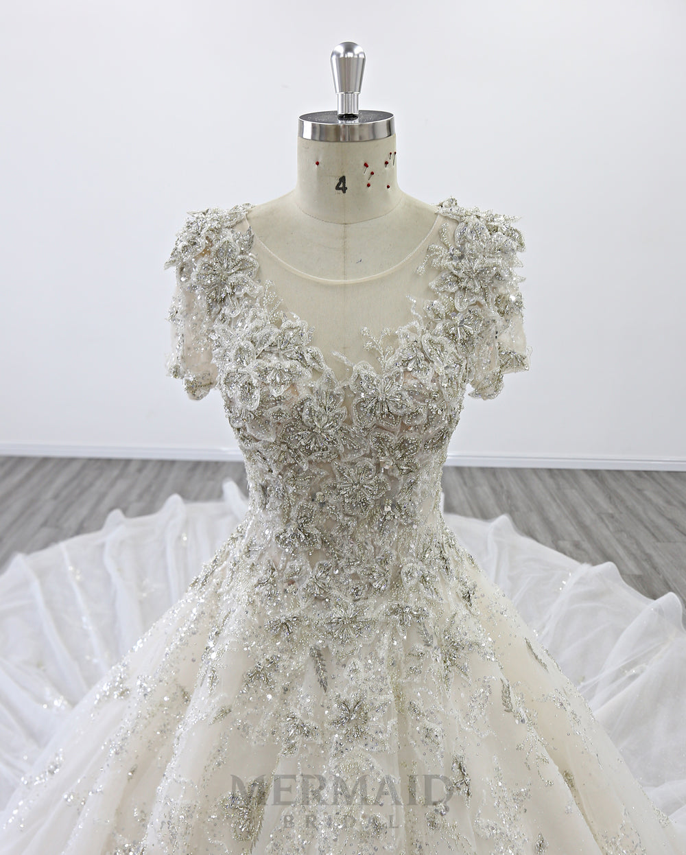 Short  Sleeves Heavy Beaded Royal Train Ball Gown Wedding Dress