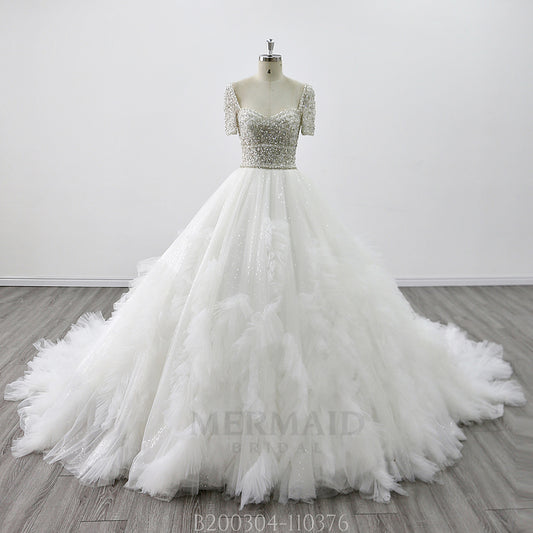 Short Sleeves Sweetheart Cathedral Train Handmade Flowers Ball Gown Wedding Dress