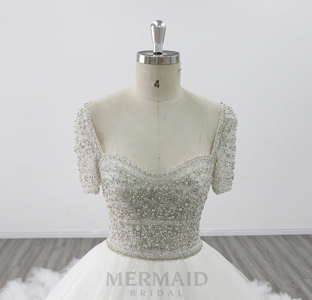 Short Sleeves Sweetheart Cathedral Train Handmade Flowers Ball Gown Wedding Dress