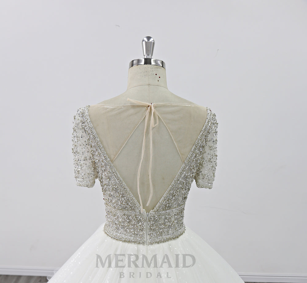 Short Sleeves Sweetheart Cathedral Train Handmade Flowers Ball Gown Wedding Dress