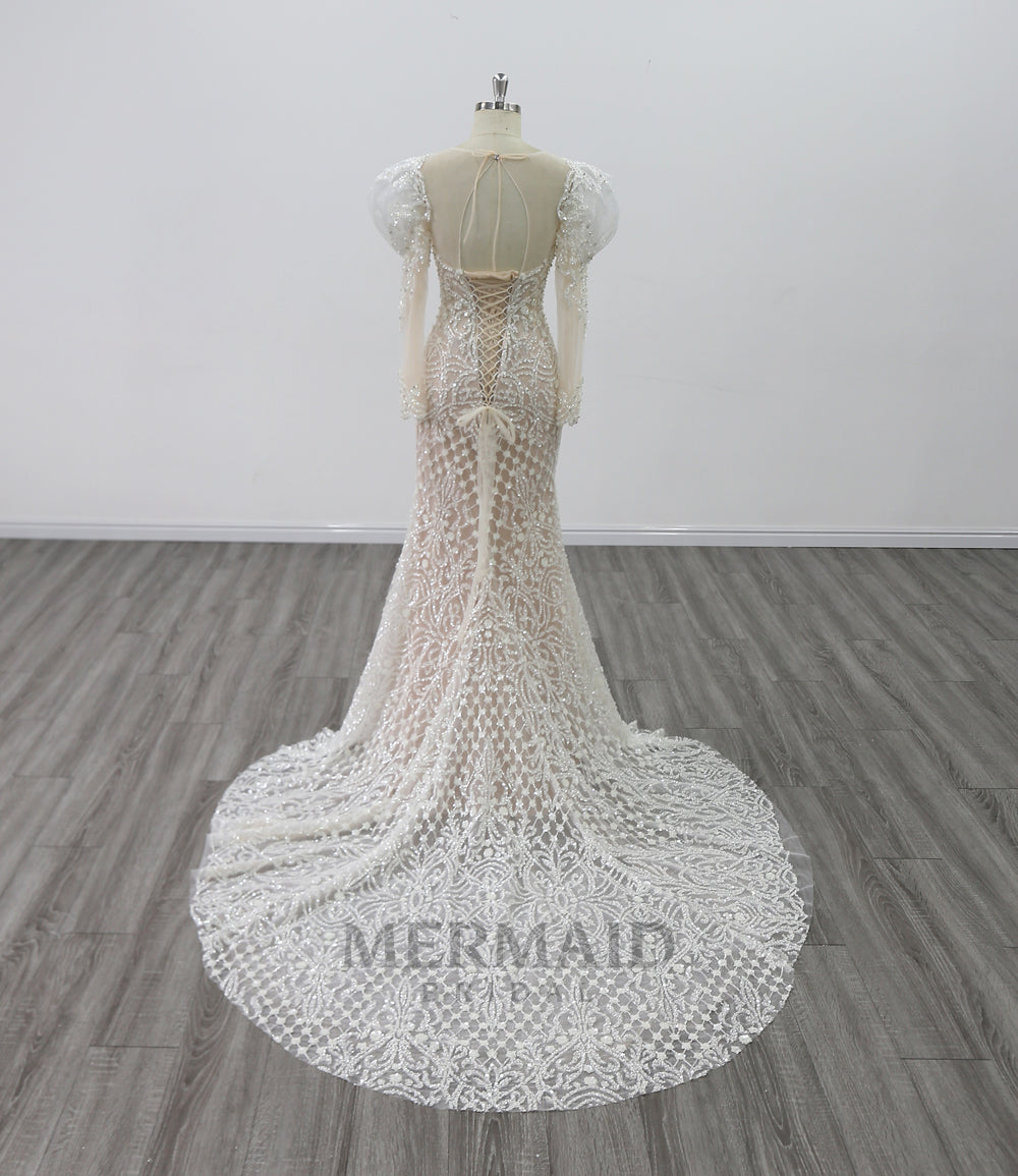 2 in 1 detachable wedding dress Long Sleeve Sweetheart Royal Train Heavy Beading removable skirt Wedding Gown