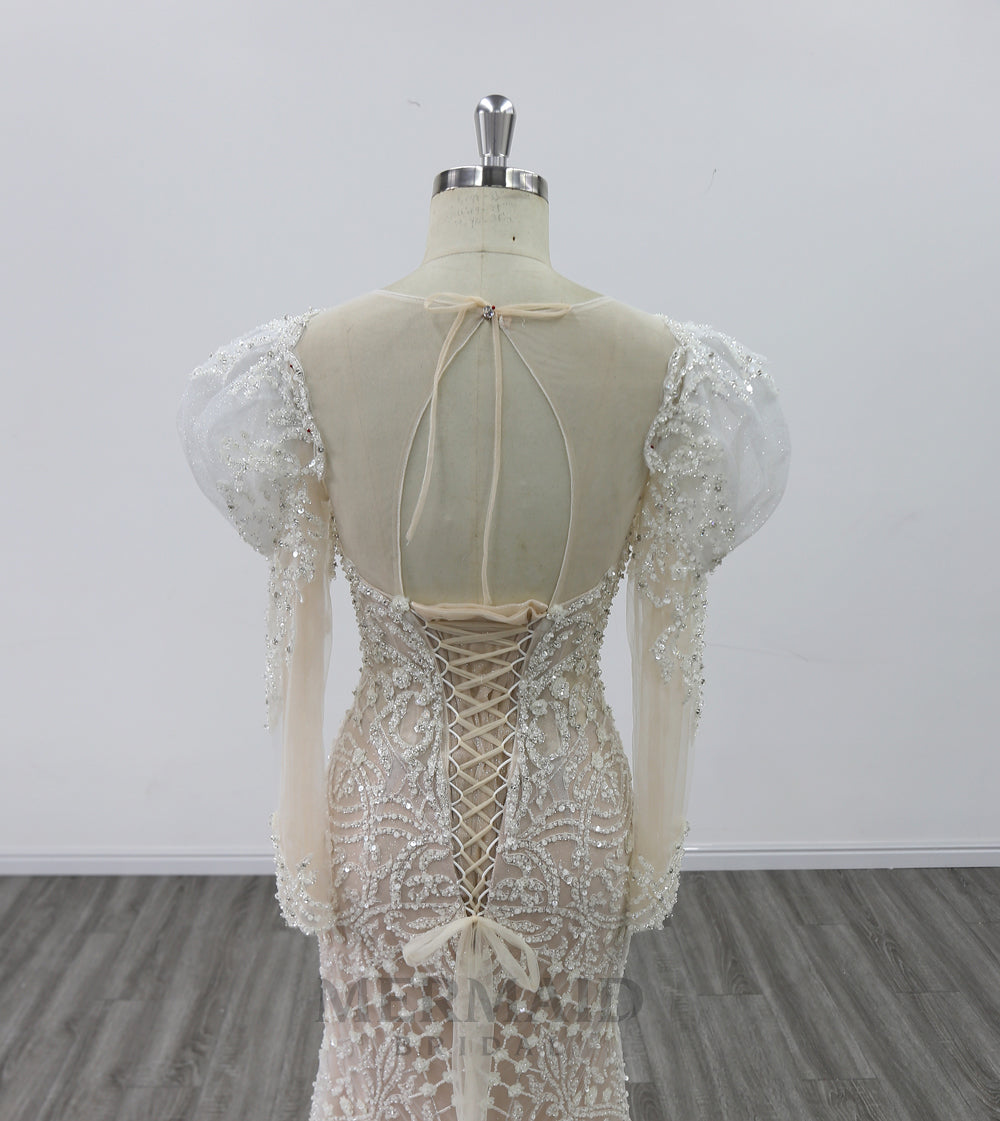 2 in 1 detachable wedding dress Long Sleeve Sweetheart Royal Train Heavy Beading removable skirt Wedding Gown