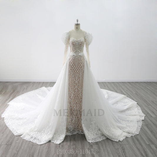 2 in 1 detachable wedding dress Long Sleeve Sweetheart Royal Train Heavy Beading removable skirt Wedding Gown