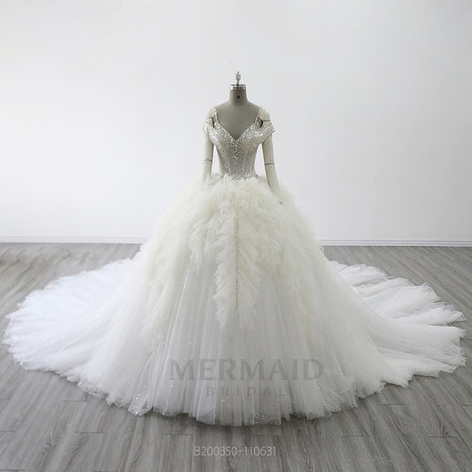 Cap Sleeves V Neck Cathedral Train Pleated Beading  Ball Gown Wedding Dress