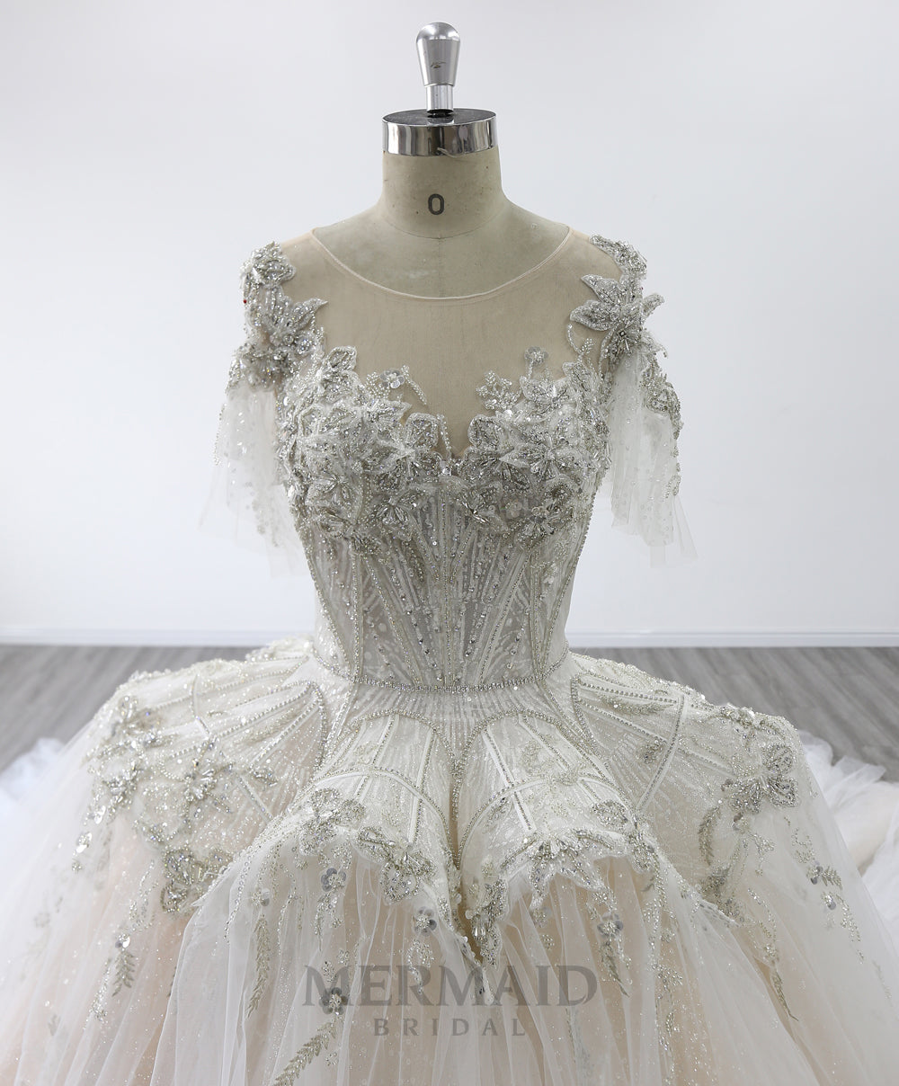 Short Sleeves Heavy Beaded Royal Train Ball Gown Wedding Dress – Mermaid  Bridal
