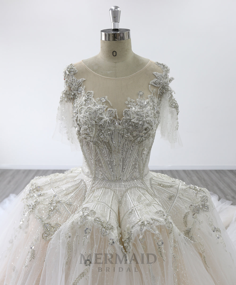Ball Gown Short Sleeves Scoop Cathedral Train Heavy Beading Gold Wedding Dresses