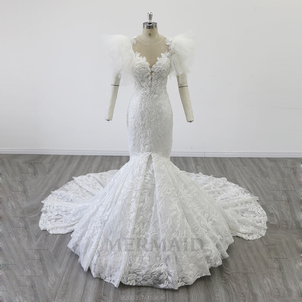 Mermaid Trend Wedding Dress  Puff Sleeve Beading Wedding Gowns V Neck Court Train Best Selling Bridal Dresses