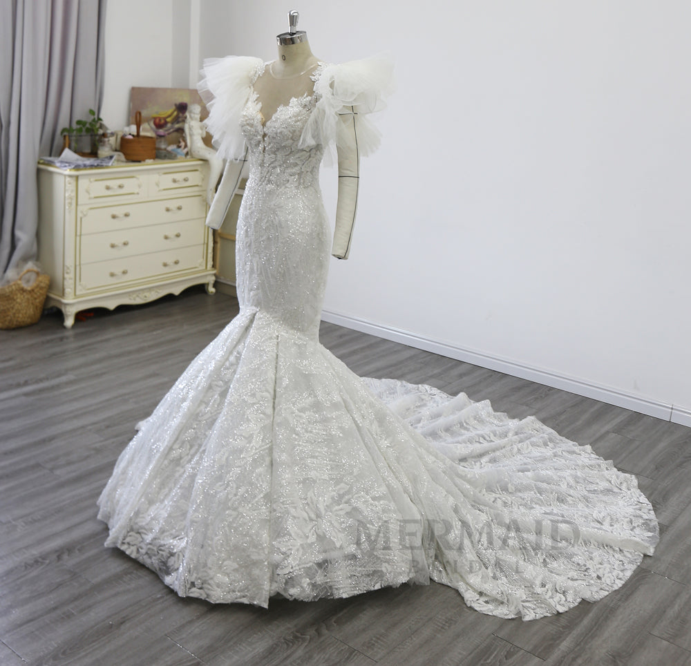 Mermaid Trend Wedding Dress  Puff Sleeve Beading Wedding Gowns V Neck Court Train Best Selling Bridal Dresses