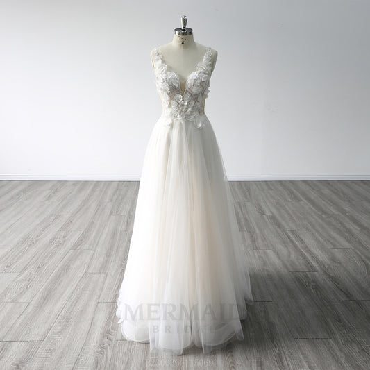 A Line V Neck Floor Length 3D Lace Boho Wedding Dresses 2023