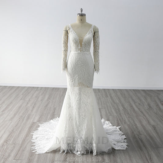 Sexy Long Sleeve V Neck Sweep Train Lace Mermaid Wedding Dress