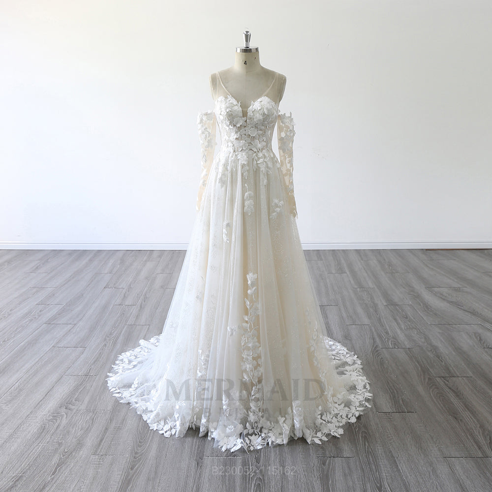 Detachable Long Sleeve V Neck Sweep Train Outdoor Beach Boho Wedding Dress