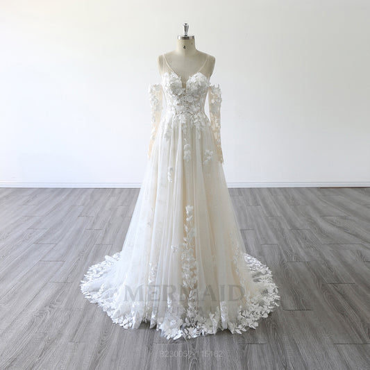 Detachable Long Sleeve V Neck Sweep Train Outdoor Beach Boho Wedding Dress