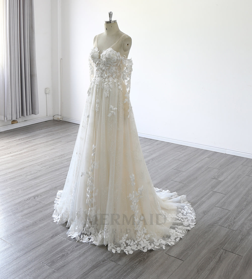 Detachable Long Sleeve V Neck Sweep Train Outdoor Beach Boho Wedding Dress