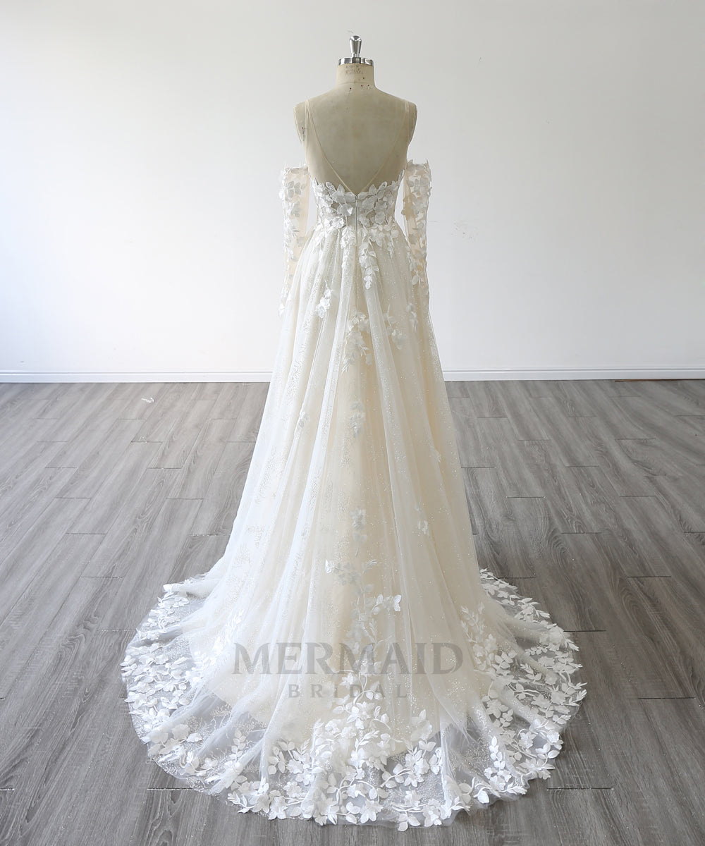Detachable Long Sleeve V Neck Sweep Train Outdoor Beach Boho Wedding Dress