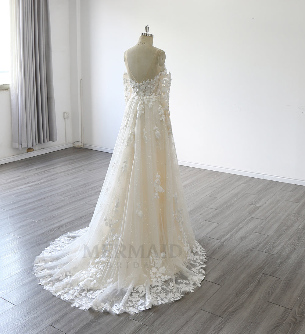Detachable Long Sleeve V Neck Sweep Train Outdoor Beach Boho Wedding Dress