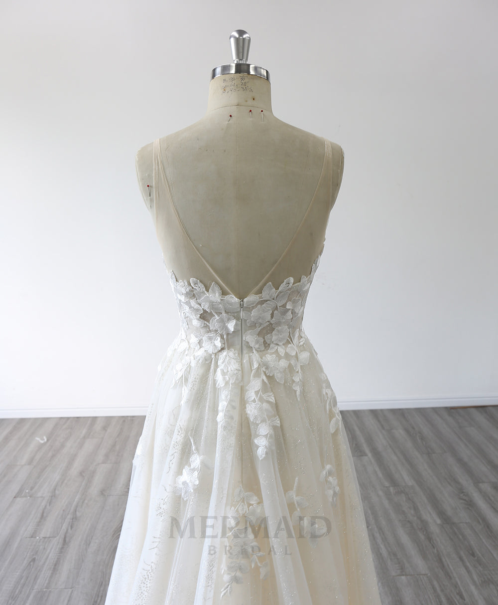 Detachable Long Sleeve V Neck Sweep Train Outdoor Beach Boho Wedding Dress