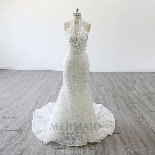 Backless Sleeveless Bridal Gown Halter Neck Court Train Heavy Beading Mermaid Wedding Dress