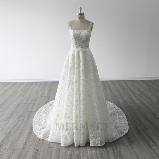 A Line Square Collar Neck Floor Length Beading Bridal Gown Princess Wedding Dress