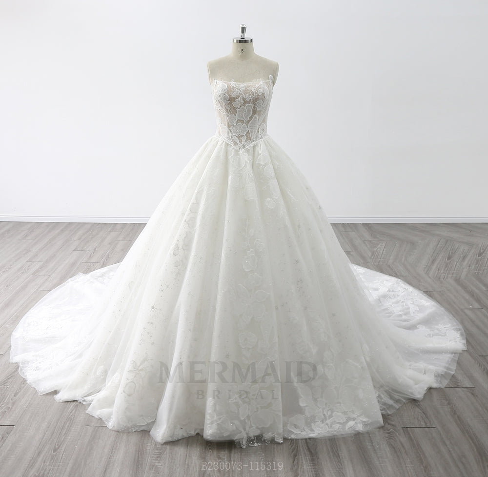 Luxury Detachable Off Shoulder Chapel Train Lace Ball Gown Wedding Dress