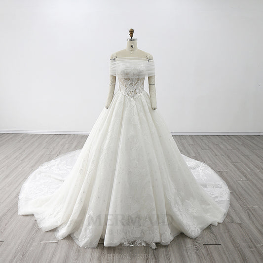 Luxury Detachable Off Shoulder Chapel Train Lace Ball Gown Wedding Dress