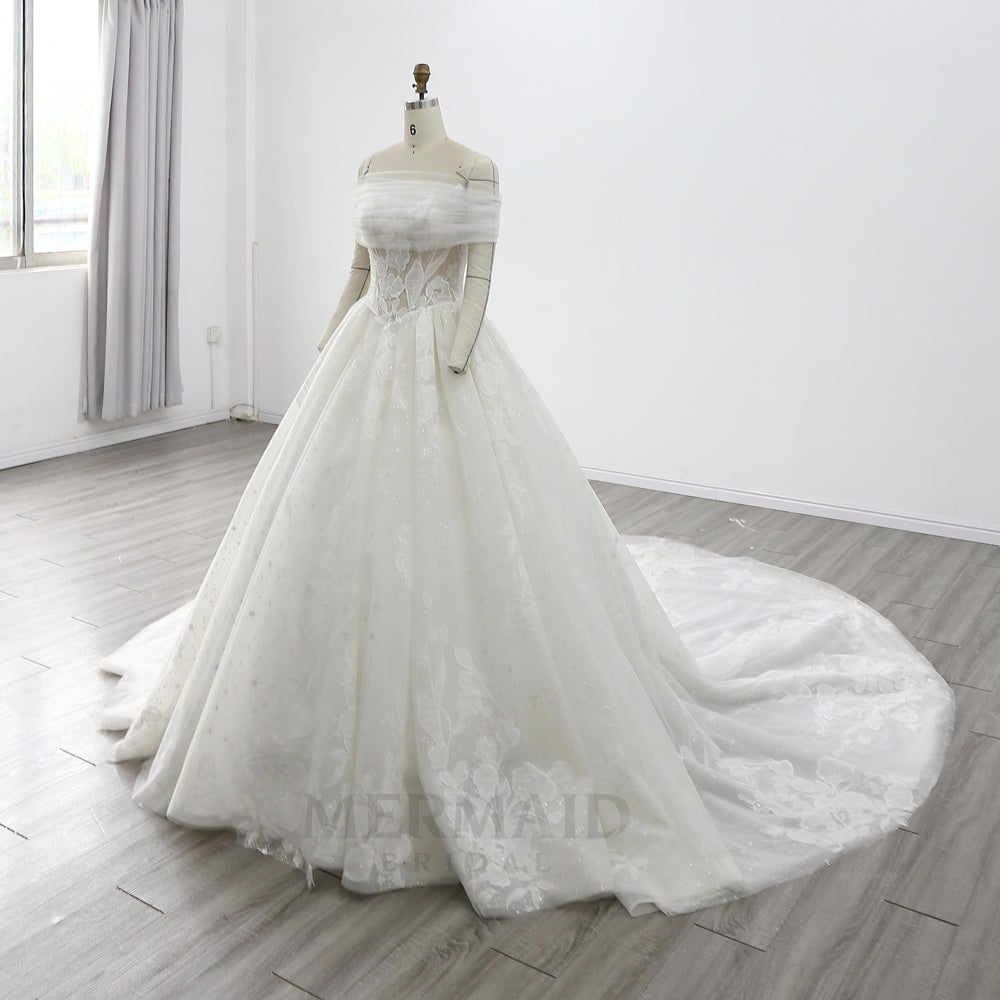 Luxury Detachable Off Shoulder Chapel Train Lace Ball Gown Wedding Dress